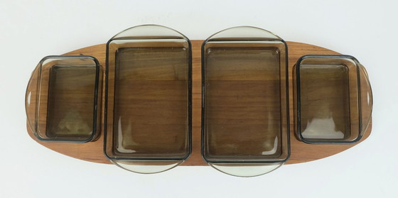 Image 1 of Juego de servir danés moderno con bandeja de teca y cuencos de cristal, década de 1960