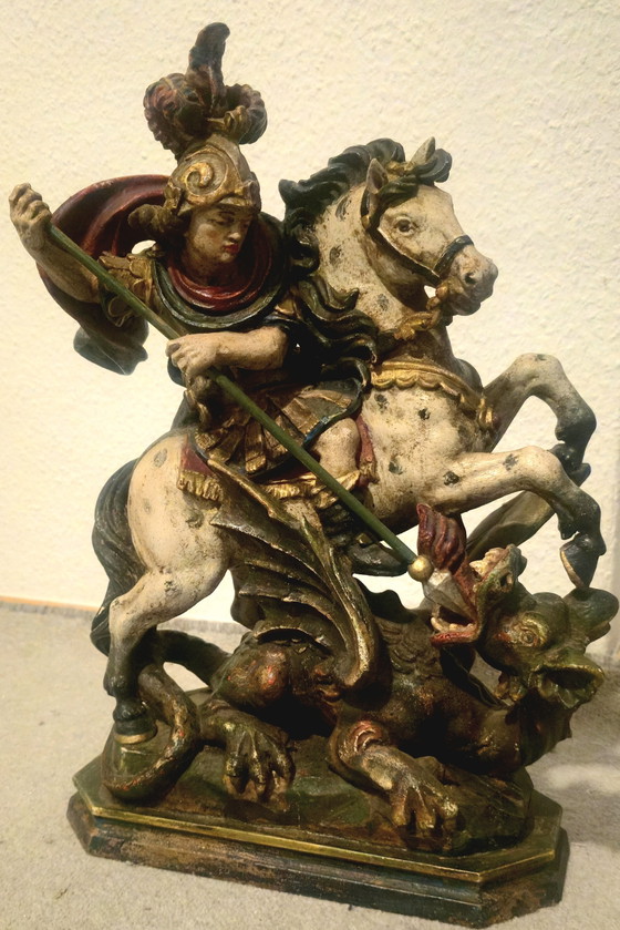 Antike Holzskulptur Hl. Georg zu Pferd – Gröden/Tirol – Demetz-Umfeld – um 1900 – Bildhauerei, Wood (photo 10 of 10)