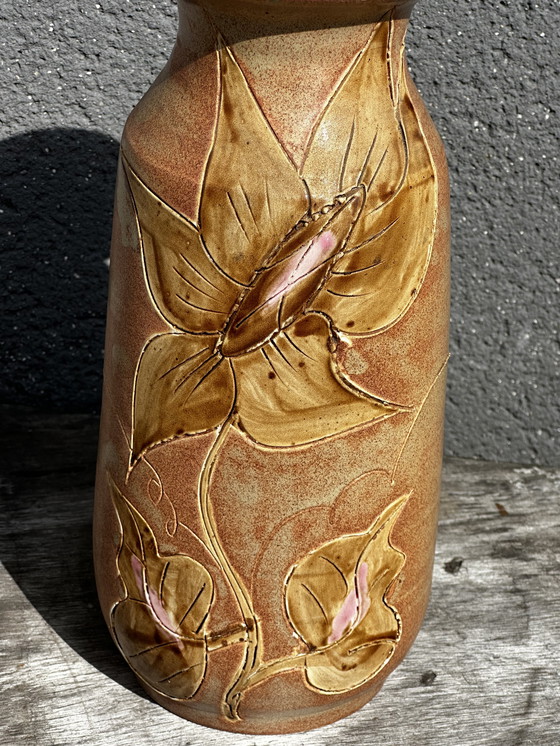 Image 1 of Vaso Vintage céramique années 60 décor floral - signé Vallauris H 20 cm