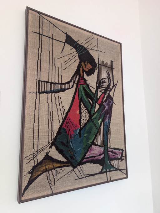 Vintage embroidered wall hanging “The Harp Player” 1970s – 1980s x 57 cm – schilderijen tekeningen, Wood