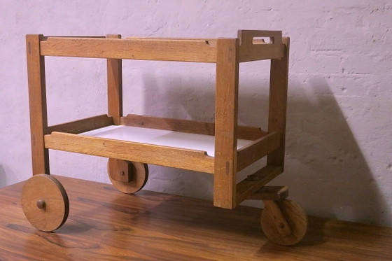 Brutalist Scandinavian Bar Cart / Serving Trolley in Solid Oak, 1950s-60s – Wood (photo 7 of 14)