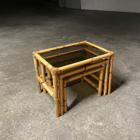 Image 1 of Bamboo and Smoked Glass Nesting Tables