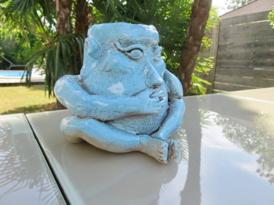 Image 1 of anthropomorphic vase in blue glazed ceramic, 1990