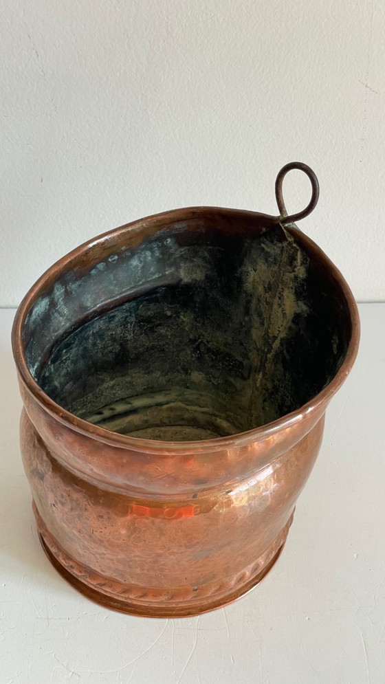 Image 1 of Hangende koperen en stalen plantenpot