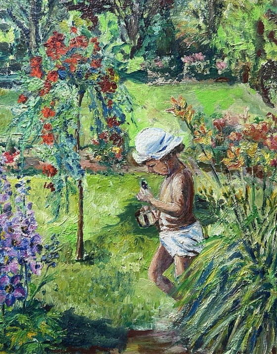 Image 1 of Vintage modernistisch olieverfschilderij uit de jaren 80 met een tuinlandschap vol bloemen, gesigneerd.