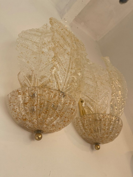 Image 1 of Par de apliques de pared Barovier & Toso de cristal de Murano dorado, Italia, 1980