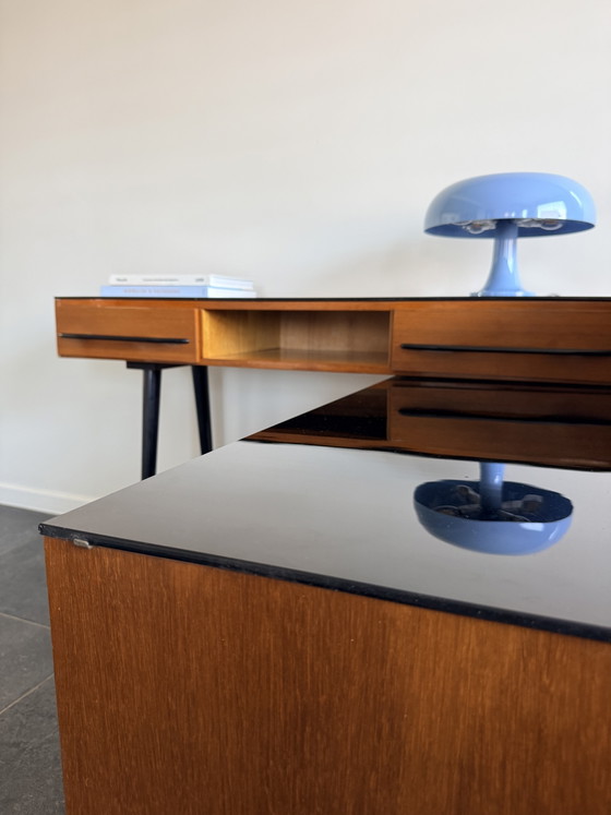 Vintage Mid-Century Desk With Sideboard Závody Bučovice – Glass, Wood (photo 7 of 8)