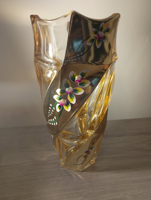 Twisted Bohemian crystal vase, high enamel embossed enamel and 24k gold, Czech Republic
