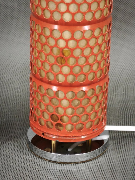 Pair of Red Perforated Metal Space Age Table Lamps, Czechoslovakia, 1970s, Chrome (photo 6 of 13)