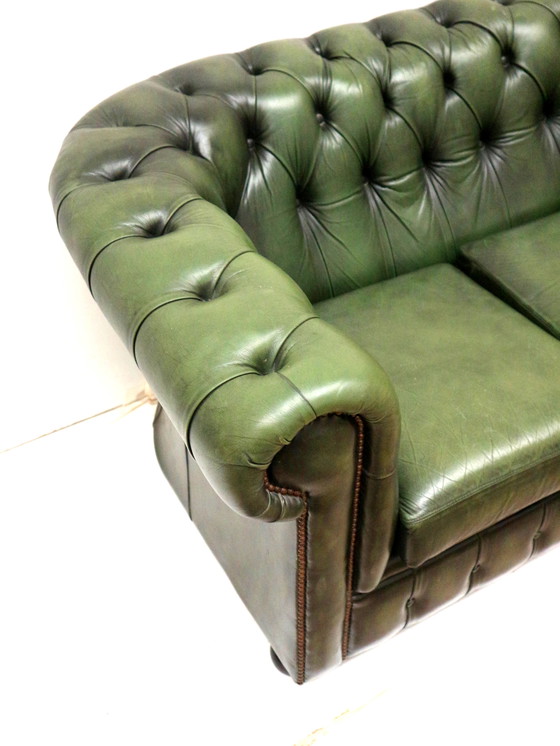 Image 1 of Green Vintage Leather 3-Person Chesterfield Sofa