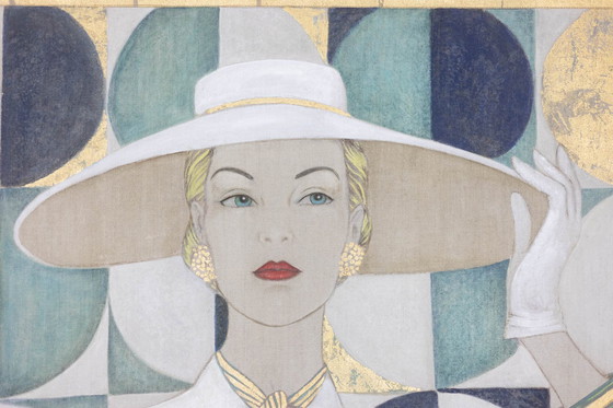 Image 1 of Toile Peinte Représentant Une Élégante Années 1950. Contemporain.