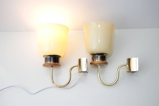 Image 1 of Set of 2 wall lamps brass glass shade 80s J Vintage