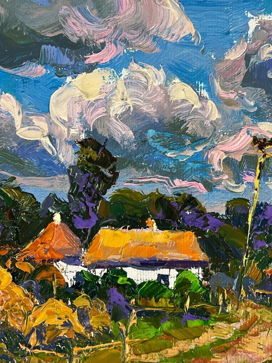 Image 1 of Peinture à l'huile originale Paysage rural Maison Rues de village d'été