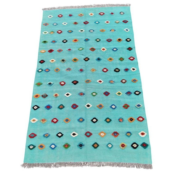 Handgewebter Wollteppich mit Reliefmuster | Moderner türkisfarbener Teppich | 125 × 200 cm (49 × 79 Zoll) (photo 2 of 10)