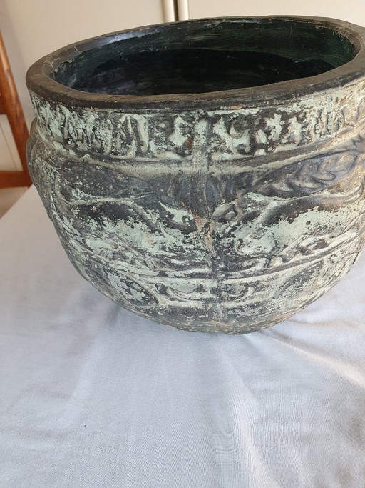 Vintage Asian cachepot / plant pot with relief decoration
