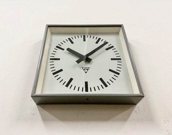 Image 1 of Grey Industrial Square Wall Clock from Pragotron, 1970s