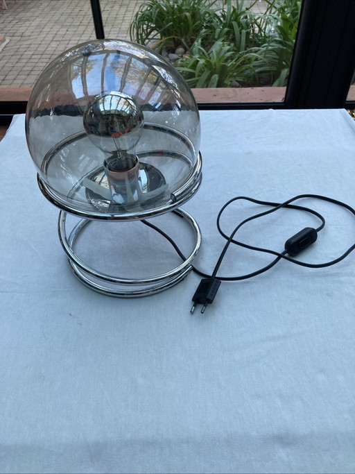 Lampada da tavolo spaziale anni '70 in metallo, cromo e vetro