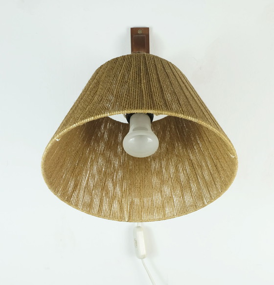 Image 1 of Mid Century Moderne Hout En Sisal Wandlamp Draaibaar Uitschuifbaar 1950S 60S Schaarlamp