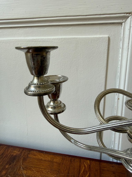 Image 1 of Lámpara de araña de metal plateado, fabricada en Inglaterra, 4 brazos, 5 orificios