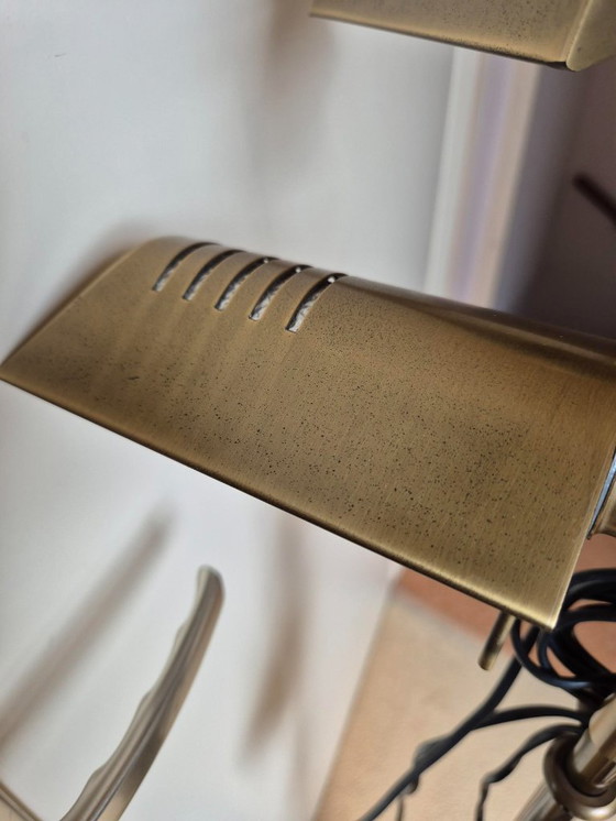 Image 1 of Dubbele Leeslamp - Vloerlamp - Notaris vloerlamp - Dimmer - Metaal - Koper/Bronskleurig - In hoogte verstelbaar - Zwenkarm.