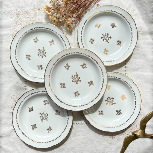 5 French Vintage Porcelain Deep Plates with Golden Flower Pattern Vierzon C.G