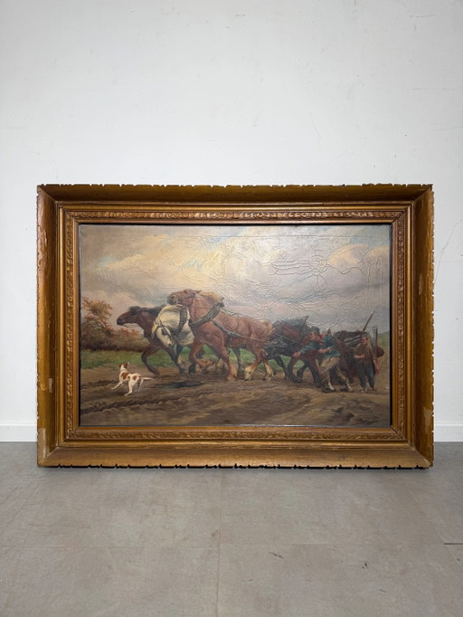 Jef Van Leemputten (Amberes, 1865–1948) – Gran óleo sobre lienzo “Caballos de granja trabajando” – schilderijen tekeningen
