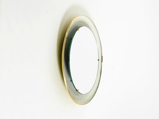 Image 1 of Rare miroir rond illuminé en métal Hillebrand, datant du milieu du XXe siècle (1966).