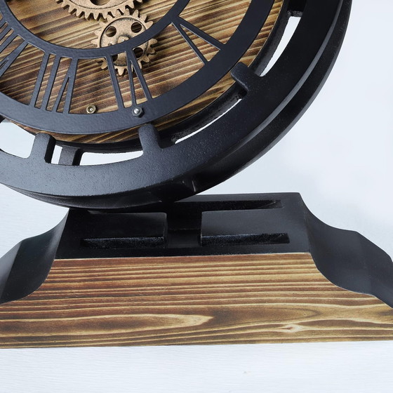 Image 1 of Lafocuse 10 Inch Real Moving Gears Wall Clock with a Detachable Base, 2 in 1 Black Chimney Clocks Wooden Vintage, Farmhouse