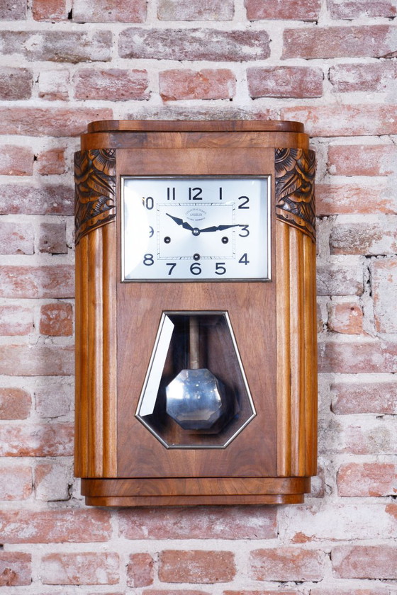 Originele art deco wandklok van ANGELUS, walnoothout, gerestaureerde Poolse afwerking, Frankrijk, jaren (photo 14 of 22)