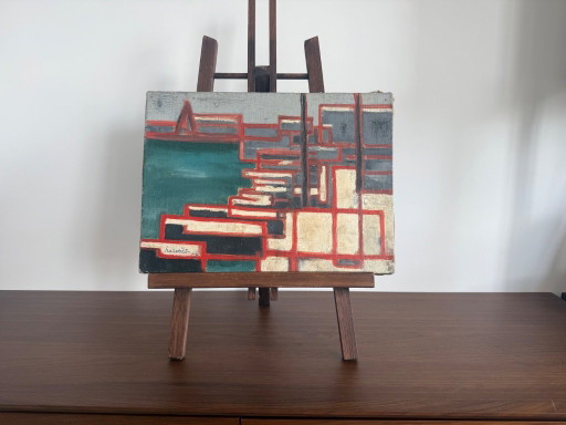 Abstract Oil Painting on Canvas, 1956, Signed Hervoët – schilderijen tekeningen, Wood