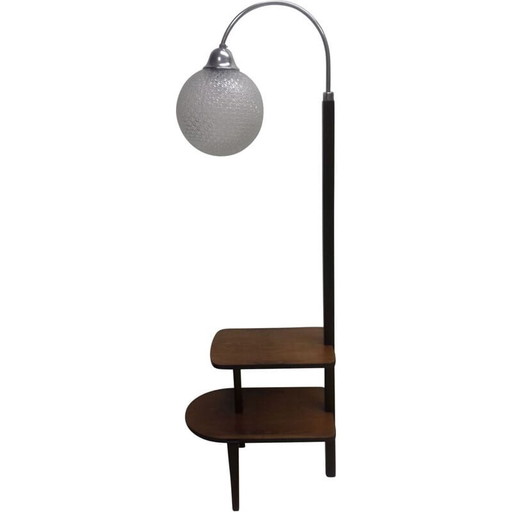 Vintage Art Deco vloerlamp in glas, chroom en hout van Jindřich Halabala, Tsjecho-Slowakije 1940