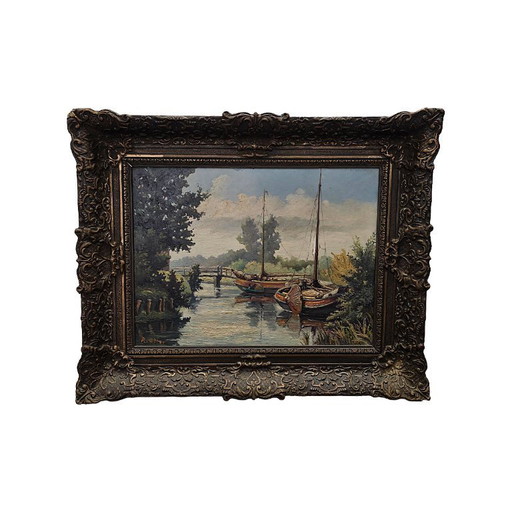 Oil painting with tjalks by R. Otter, 1940s/1950s