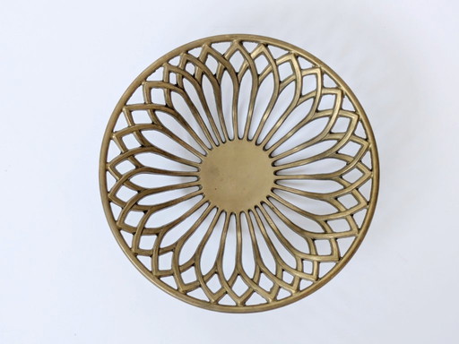 1960s Midcentury Openwork Floral Decorative Bowl, Heavy Solid Brass Centerpiece