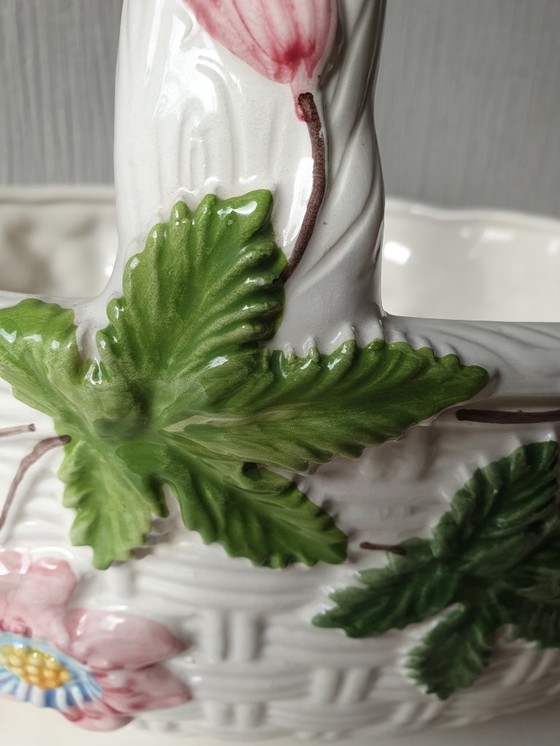 Image 1 of Antique majolica ceramic basket with flowers - hand-painted
