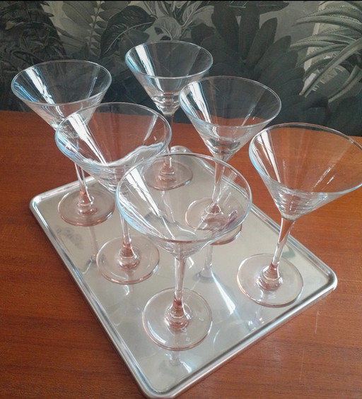 Vintage Set Of 6 Luminarc Hand Blown Cocktail Glasses With Pink Foot🍸