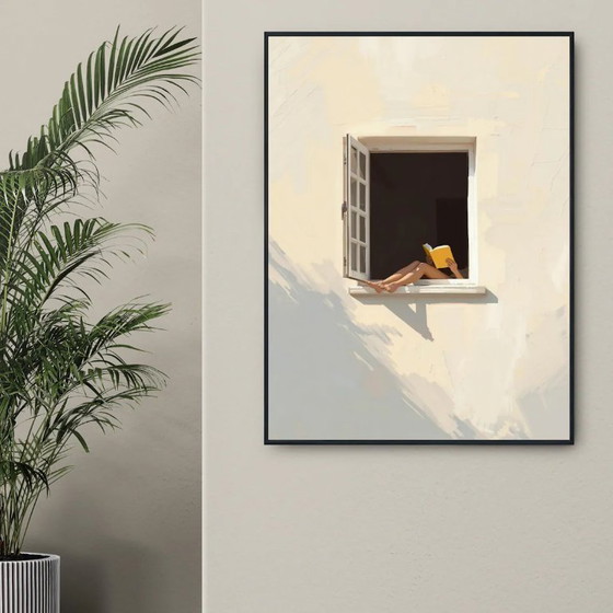 Image 1 of Window Minimalist Digital Wall Art, Calm Summer Window Print, Book Lover Digital Download, Soft Dopamine Decor, Aesthetic Home D