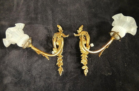 Art Nouveau wandlampen van brons en messing – Bronze, Glass (photo 6 of 10)