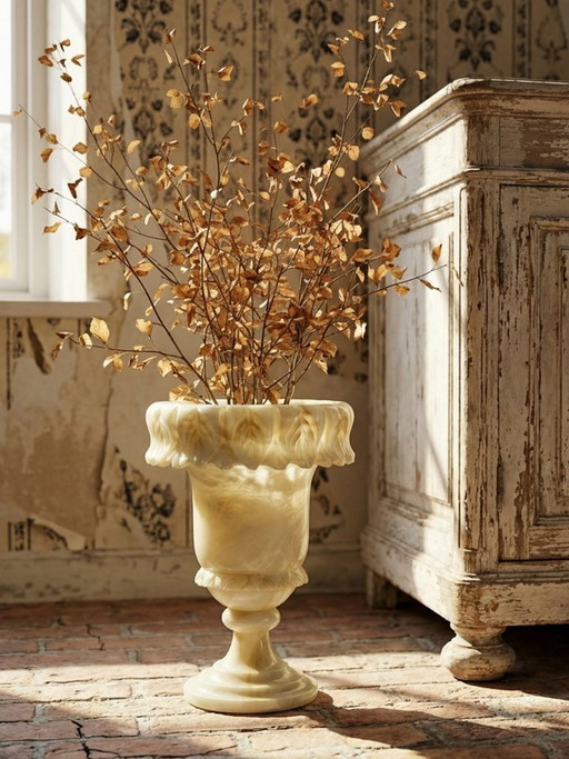 Grande vaso mediceo in alabastro/marmo giallastro, stile Belle Époque