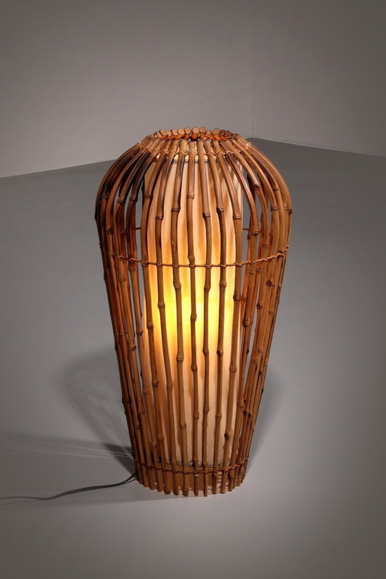 Image 1 of Midcentury Floor Lamp Rattan, Bamboo and Fabric Franco Albini, Italy 1960s