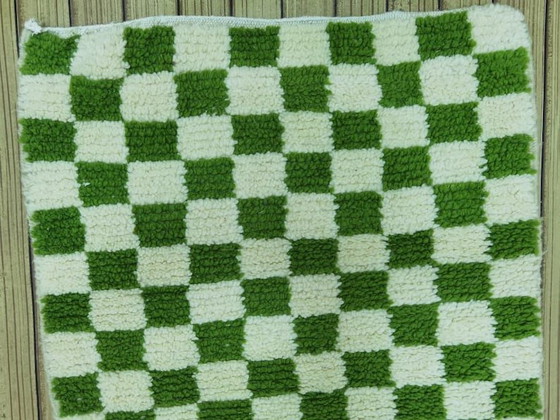 Image 1 of Handwoven Moroccan wool rug, 300/70cm, olive green checkerboard pattern