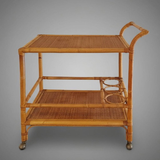 Image 1 of 1960s Italian Mid-Century Modern Bamboo & Rattan Bar Cart. Made in Italy
