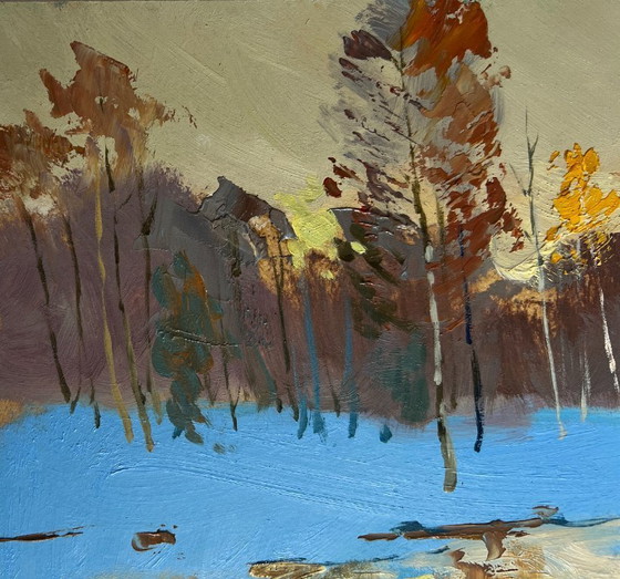 Image 1 of Original Oil Painting Evening Forest Landscape Reflection of a yellow sunset