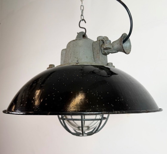 Image 1 of Black Enamel and Cast Iron Industrial Cage Pendant Light, 1960s