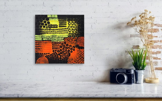 Image 1 of Orange, black and yellow abstract acrylic painting on stretched canvas