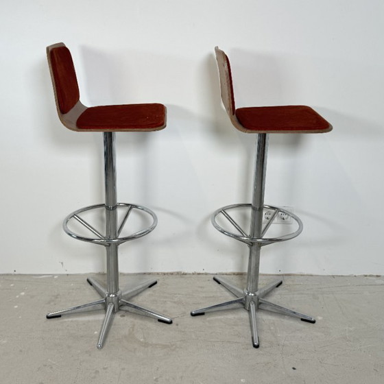 Image 1 of Vintage bar stools, chrome with wooden seat