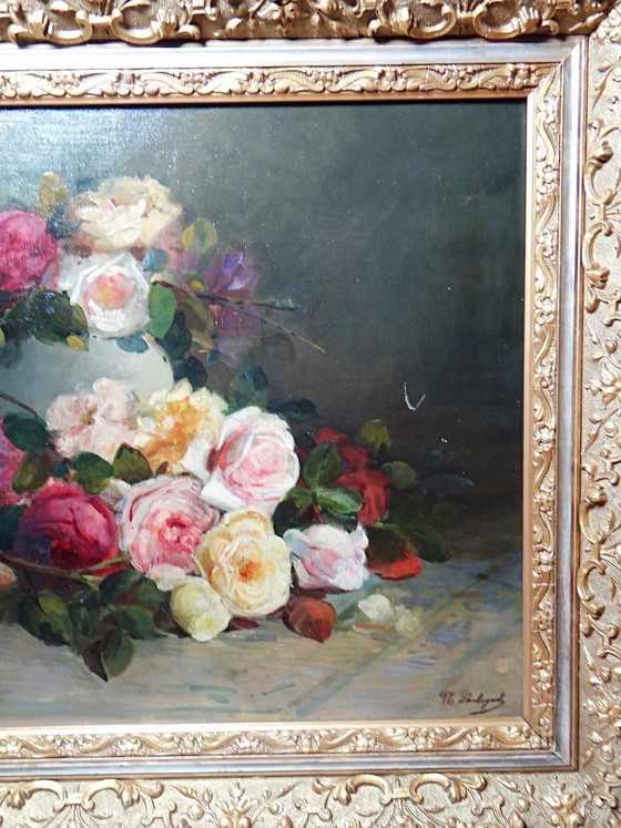 Image 1 of Large antique oil painting on canvas, bouquet of roses, signed, circa 1890-1910