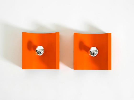 Image 1 of Pair of rare original 1960s Space Age metal wall lamps by Klaus Hempel for Kaiser Leuchten in orange