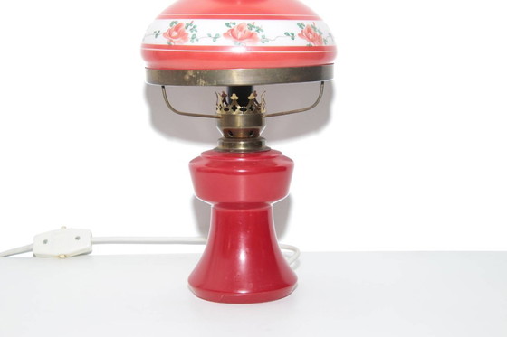 Image 1 of Petroleum lamp, red glass shade, opal glass, GDR 1970s nostalgia