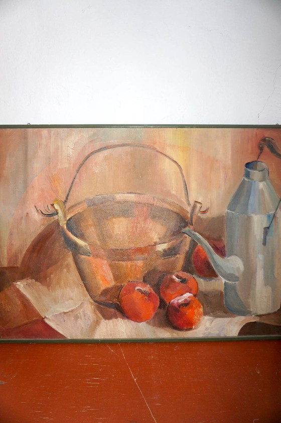 Image 1 of original 1960s oil still life painting * midcentury folk art kitchen scene with apples, basket and enamel jug * rustic eastern e