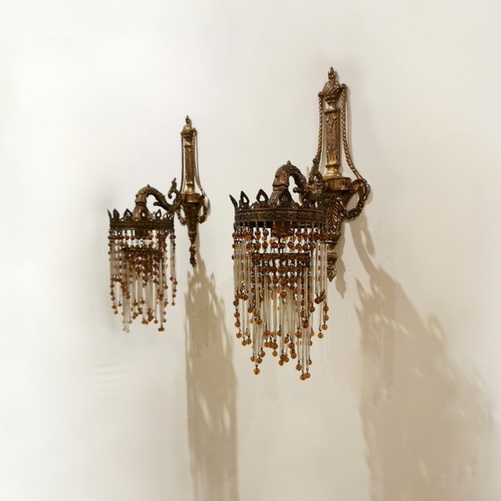 Image 1 of PAIR OF ART NOUVEAU BRASS LAMPS / WALL SCONCES WITH BEADS